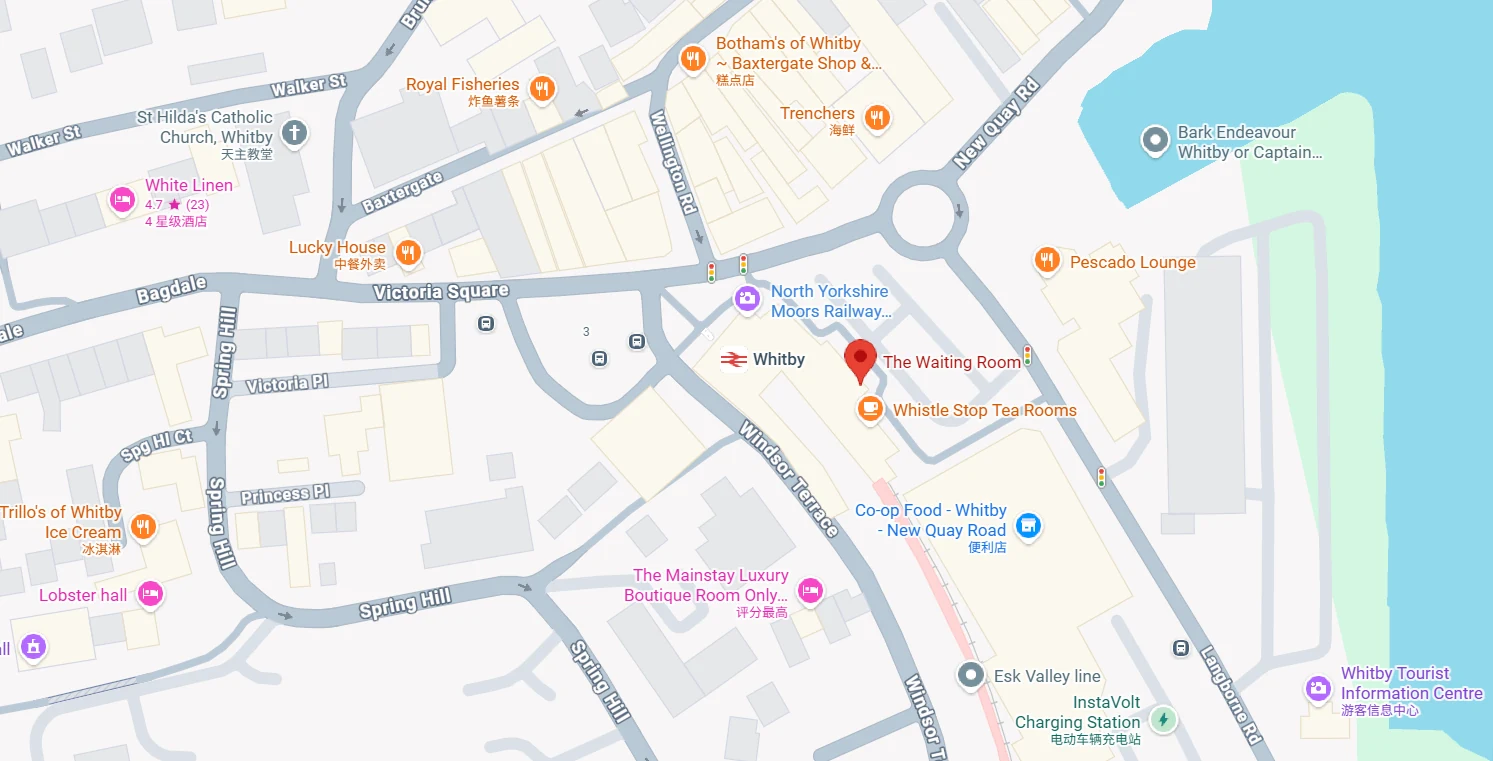 Google Maps view showing The Waiting Room at Whitby Station